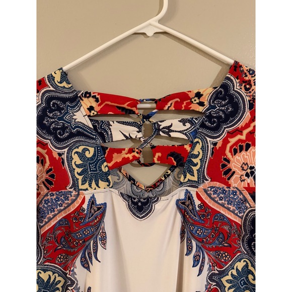 JOHN PAUL RICHARD Womens XL Paisley Lattice Back Short Sleeve Dress Red Blue - Picture 4 of 6